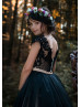 Black Lace Tulle V Back Flower Girl Dress With Champagne Lining